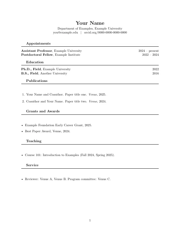 Compiled first page of the Academic CV (long form) template