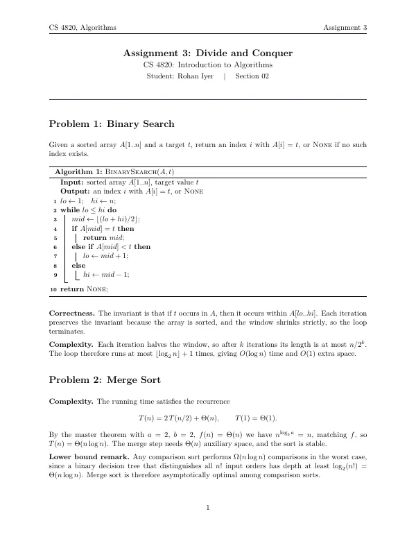 Compiled first page of the Algorithm Writeup template