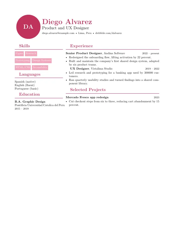 Compiled first page of the AltaCV Style Resume template