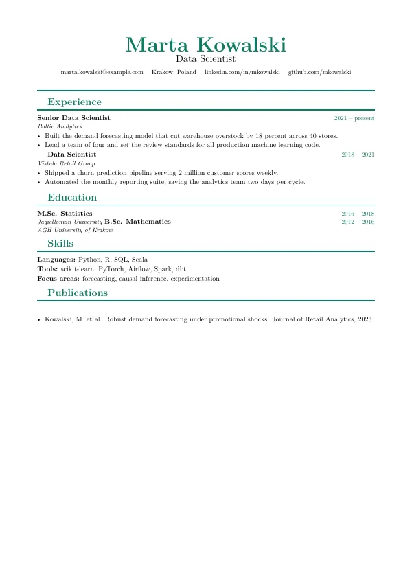 Compiled first page of the Awesome CV Style template