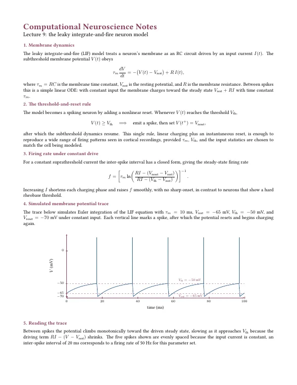 Compiled first page of the Computational Neuroscience Notes template