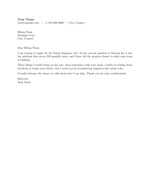 Compiled first page of the Cover Letter template