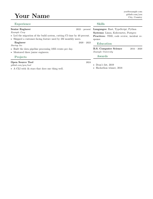Compiled first page of the Two-Column Tech Resume template