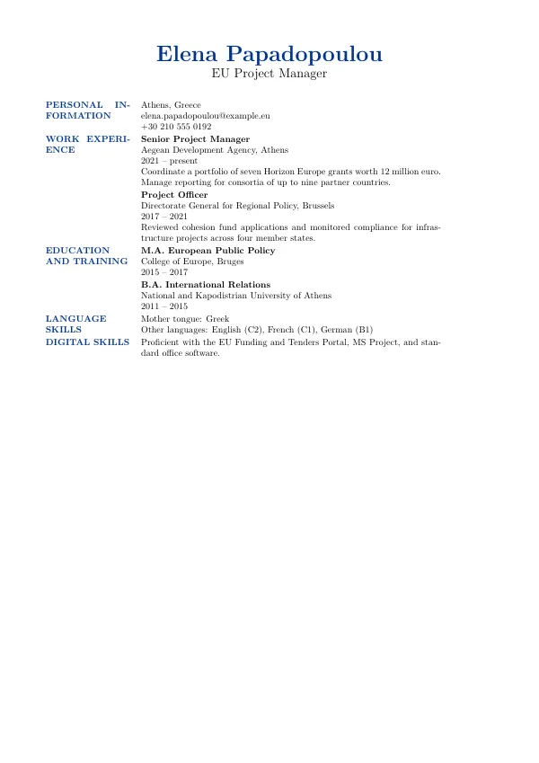 Compiled first page of the Europass Style CV template