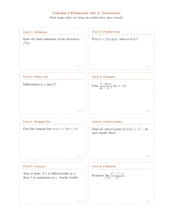Compiled first page of the Printable Flashcards template