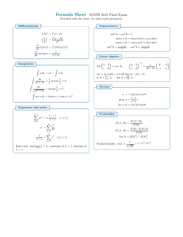 Compiled first page of the Formula Sheet template