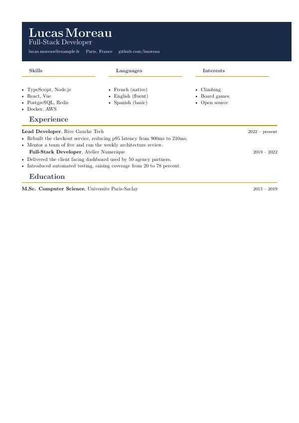 Compiled first page of the Friggeri Style CV template