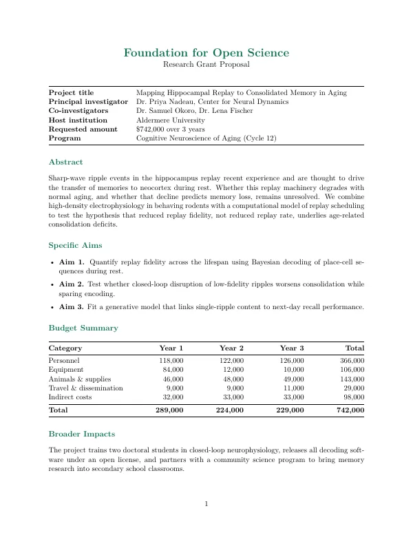 Compiled first page of the Grant Proposal template