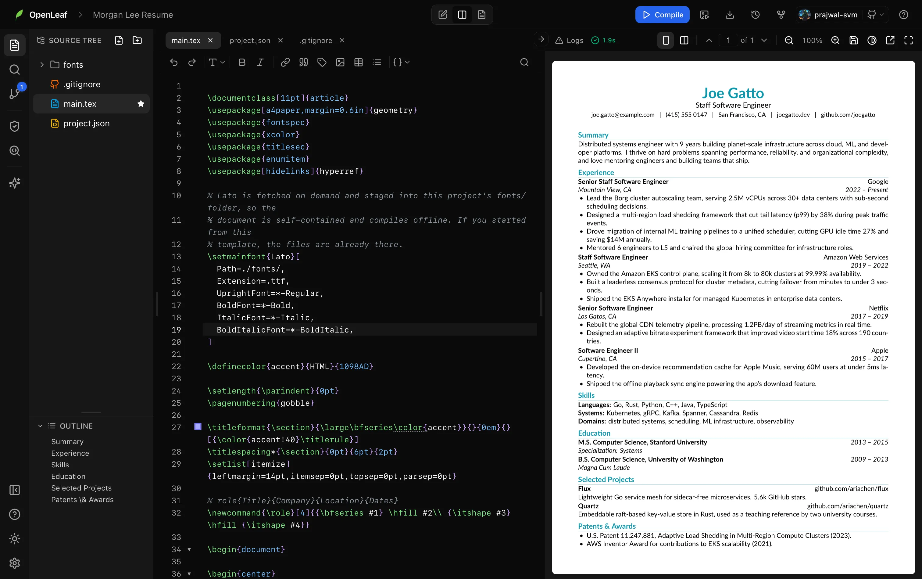 The Oleafly editor: LaTeX source on the left, the compiled PDF building live on the right