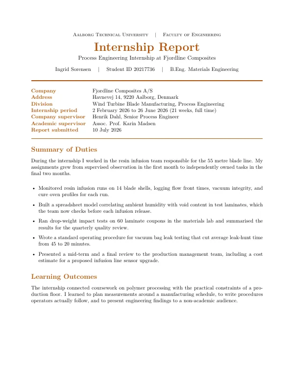 Compiled first page of the Internship Report template