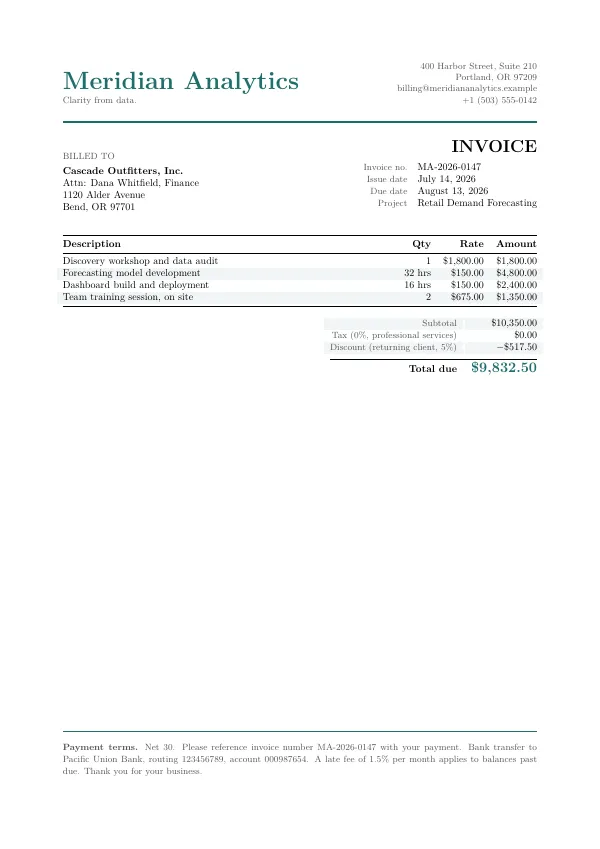 Compiled first page of the Invoice template