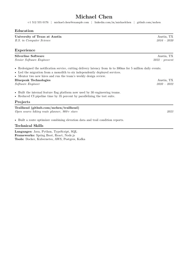 Compiled first page of the Jake's Style Resume template