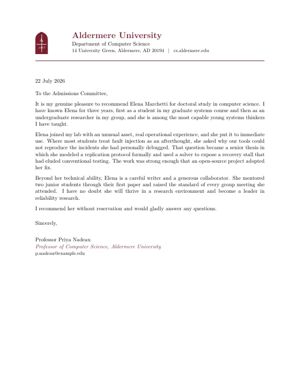 Compiled first page of the Letter of Recommendation template