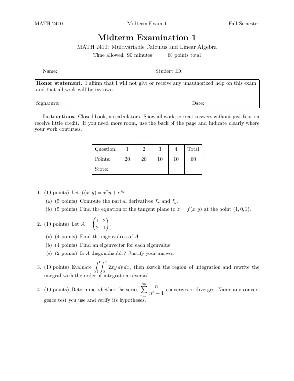Compiled first page of the Math Exam template