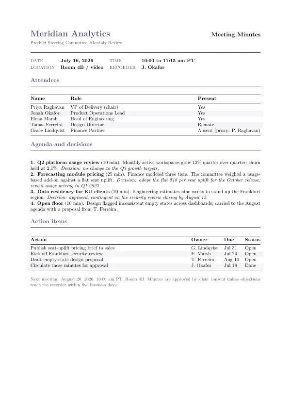 Compiled first page of the Meeting Minutes template