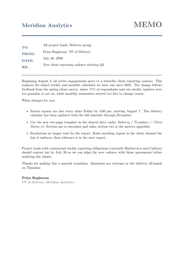 Compiled first page of the Business Memo template