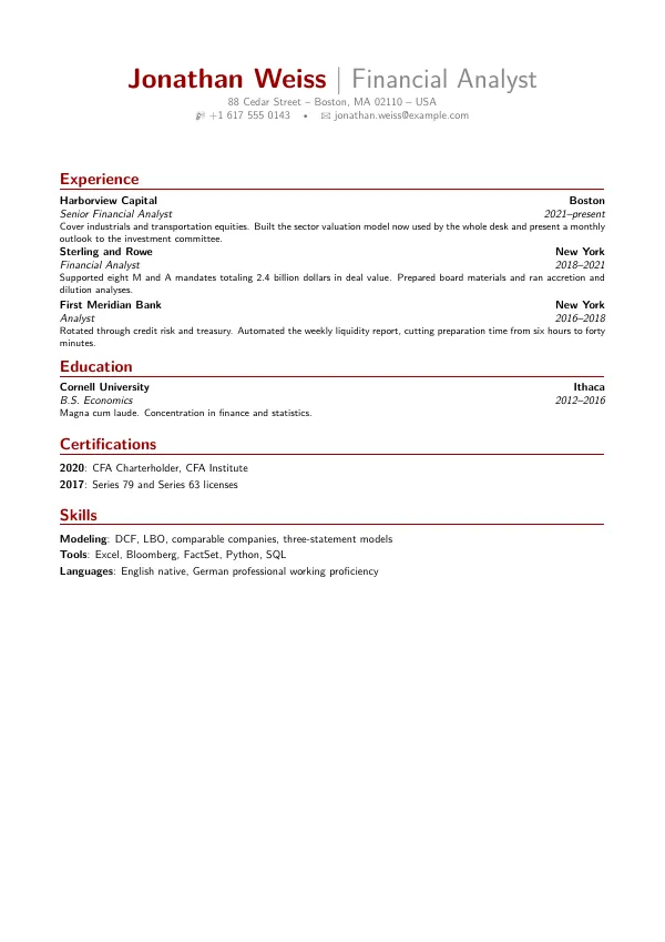 Compiled first page of the ModernCV Banking template