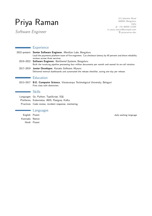 Compiled first page of the ModernCV Classic template