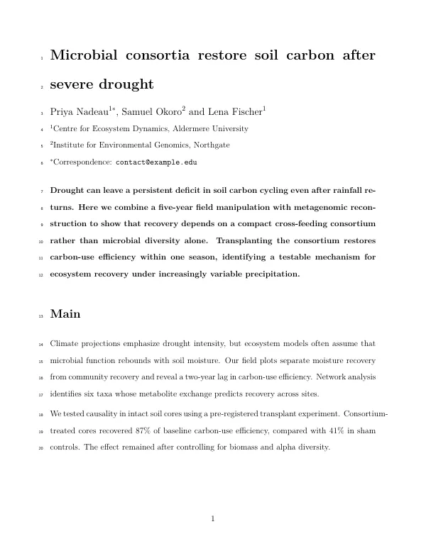 Compiled first page of the Nature Style Initial Manuscript template