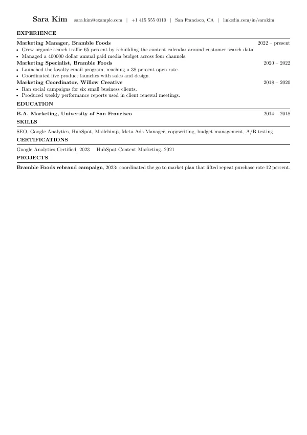 Compiled first page of the One Page Compact CV template