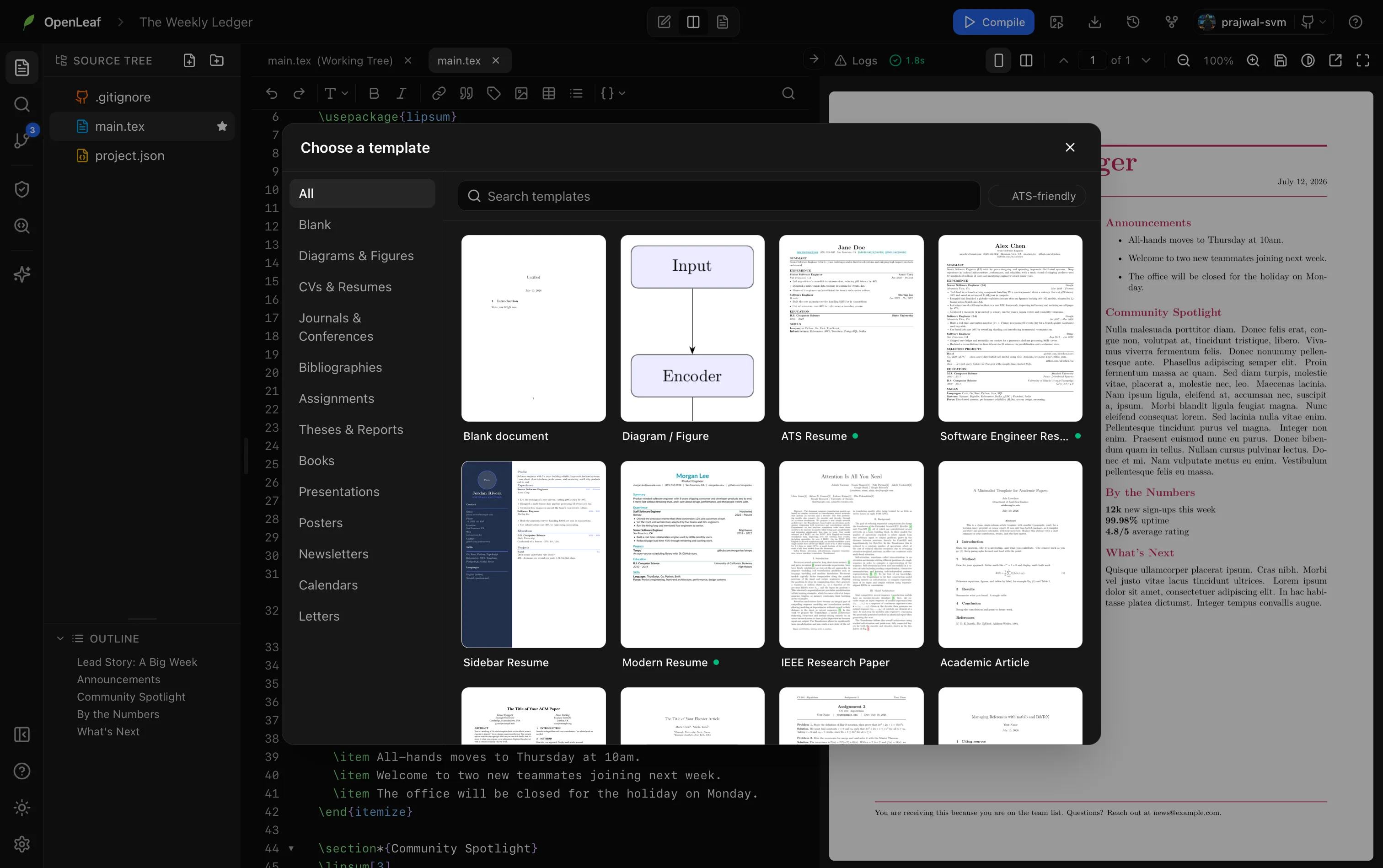 Oleafly's template gallery with categories, search, and live previews