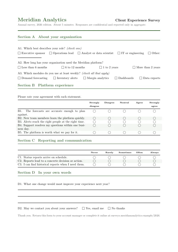 Compiled first page of the Questionnaire template