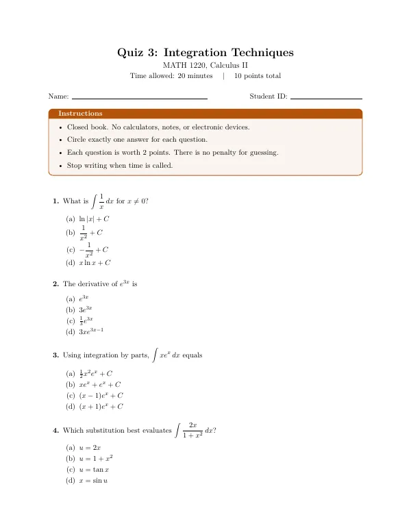 Compiled first page of the Quiz template