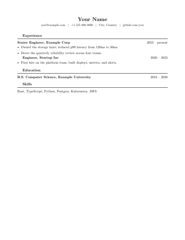 Compiled first page of the Minimal Single-Column Resume template