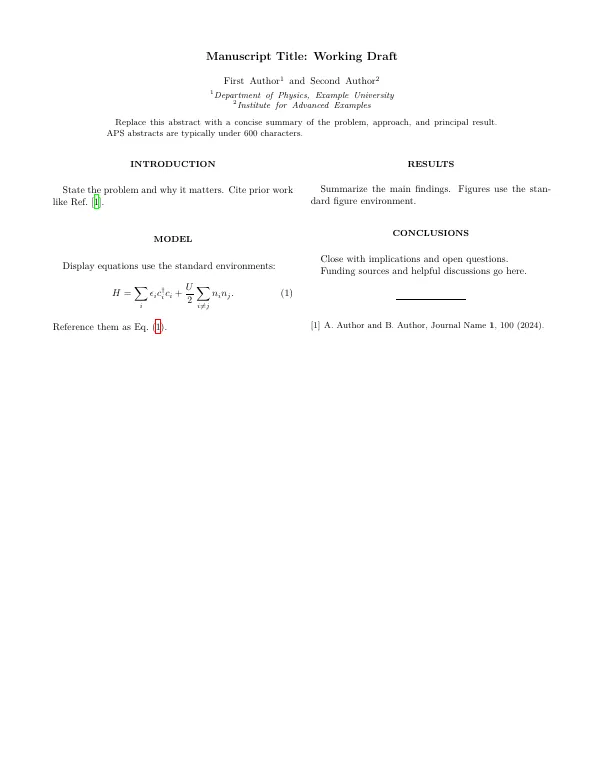 Compiled first page of the APS Physics Article (REVTeX) template