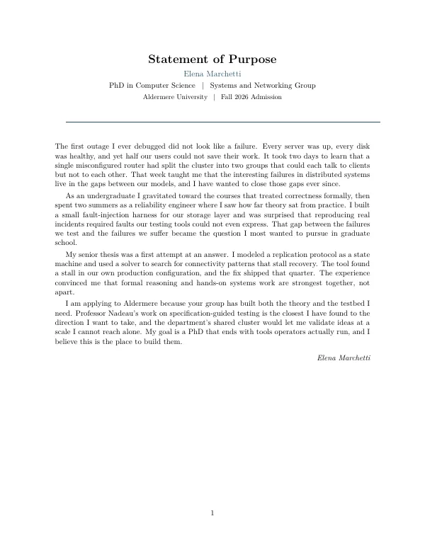 Compiled first page of the Statement of Purpose template