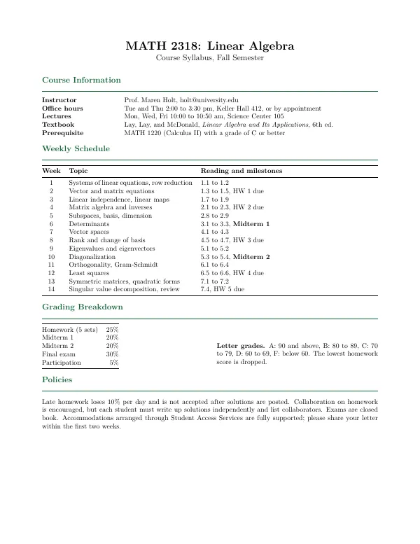 Compiled first page of the Course Syllabus template