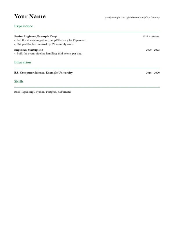 Compiled first page of the Typst Modern CV template