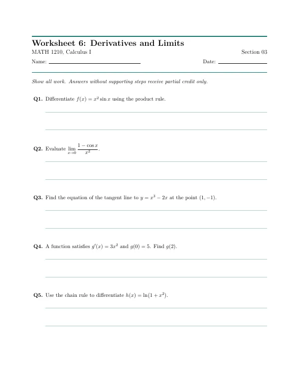 Compiled first page of the Worksheet template