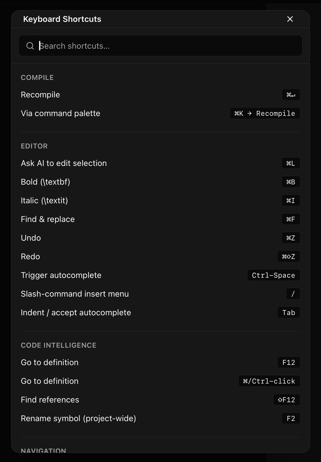 The searchable in-app keyboard shortcuts reference
