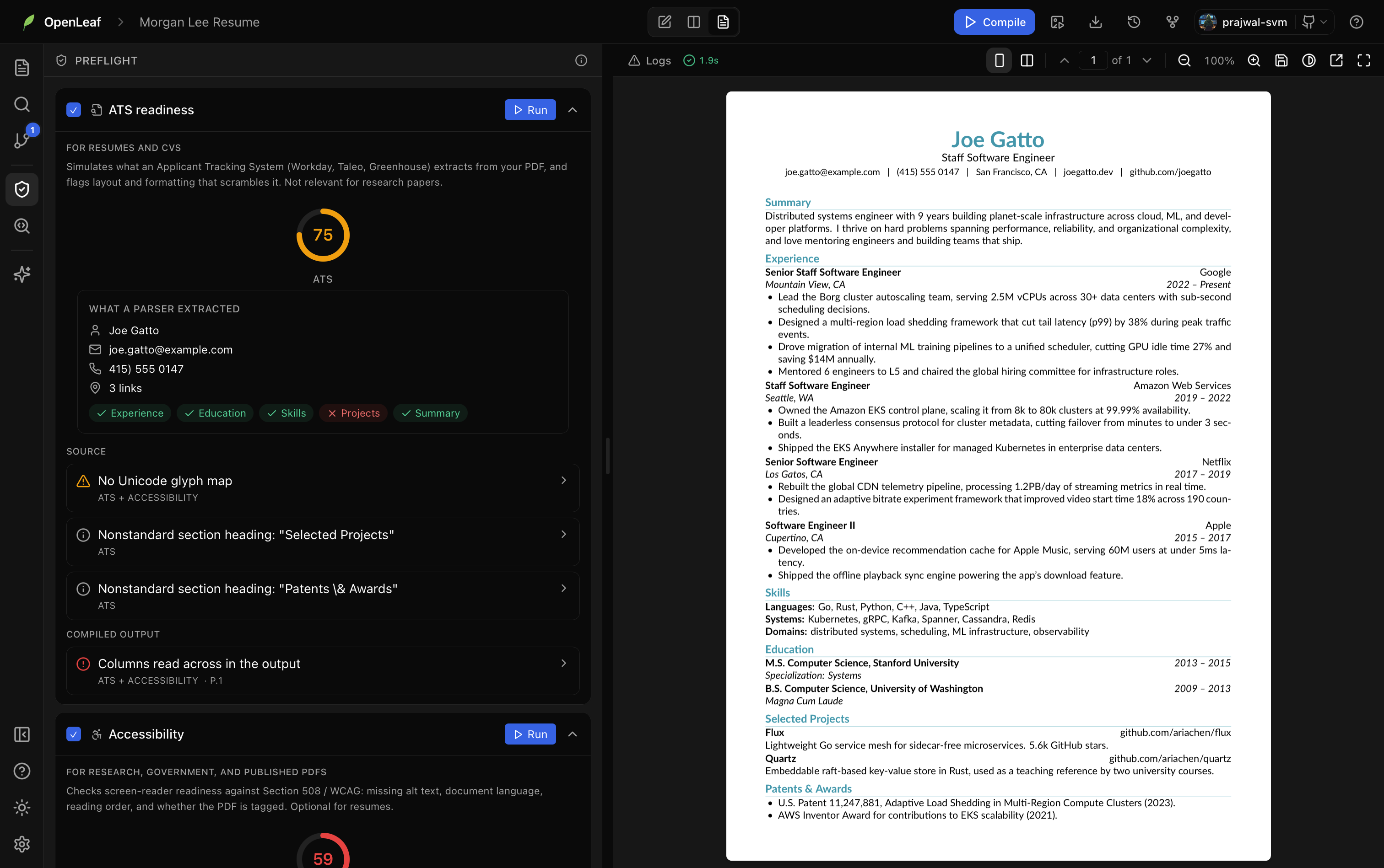 Preflight scoring a resume for ATS readiness